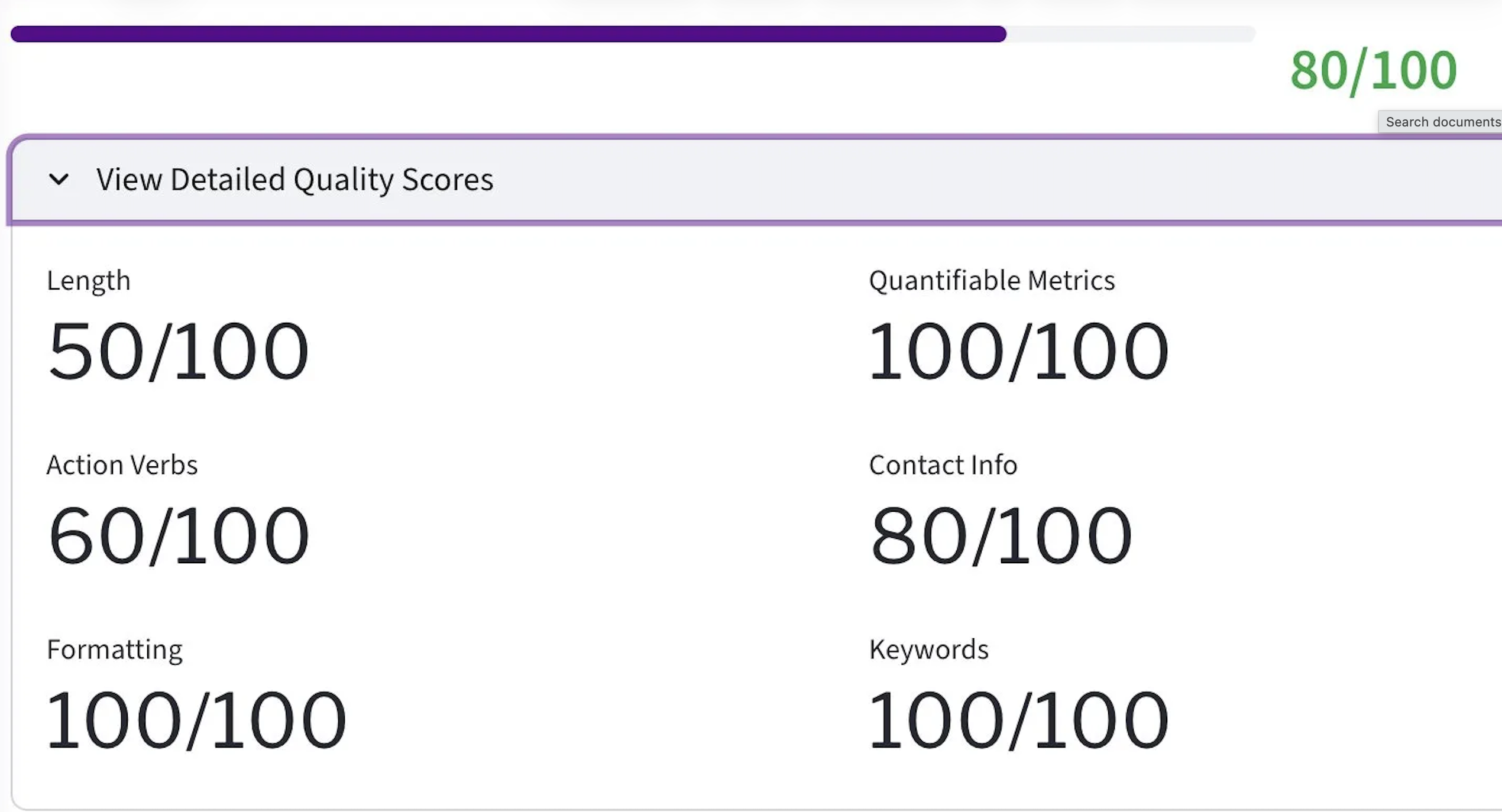 Pre-conversion strengths assessment showing 100 out of 100 with bulleted feedback on CV content including word count, quantifiable achievements, research experience, and credential signals