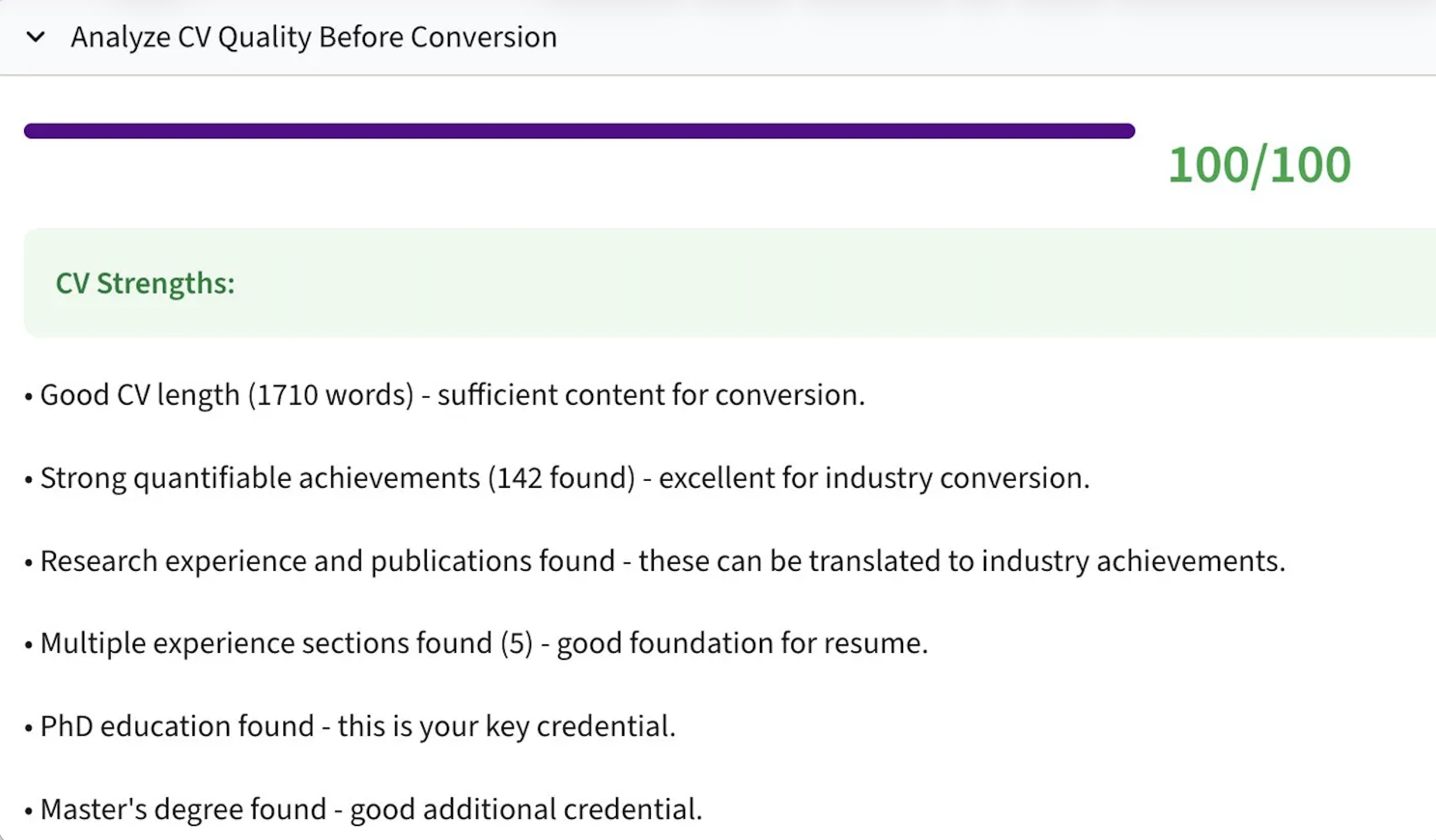 CV quality scoring interface showing 80 out of 100 overall, with breakdown across six dimensions including length, action verbs, formatting, contact info, quantifiable metrics, and keywords