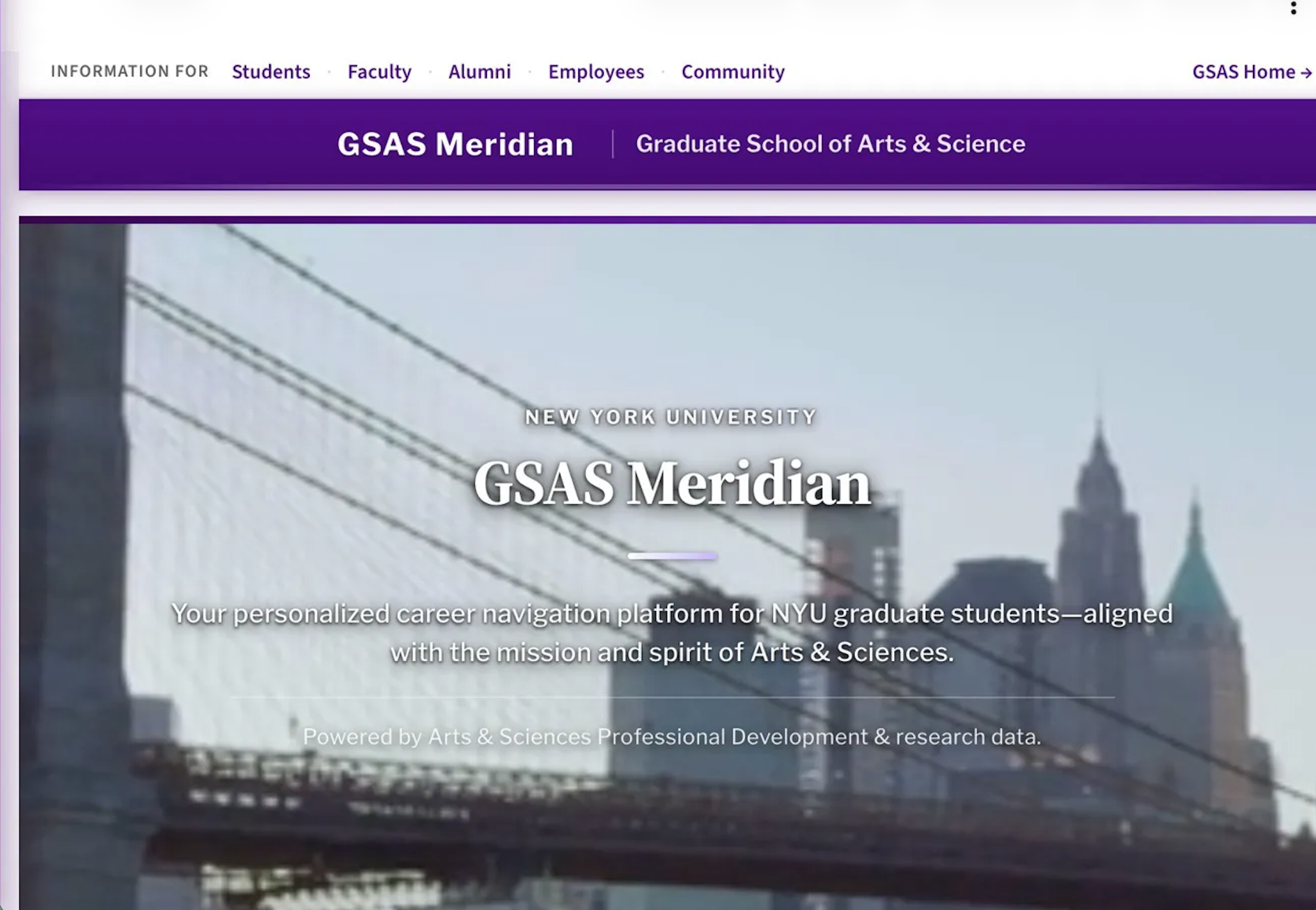 Meridian landing page showing the GSAS Meridian header against a New York skyline, with the tagline 'Your personalized career navigation platform for NYU graduate students'